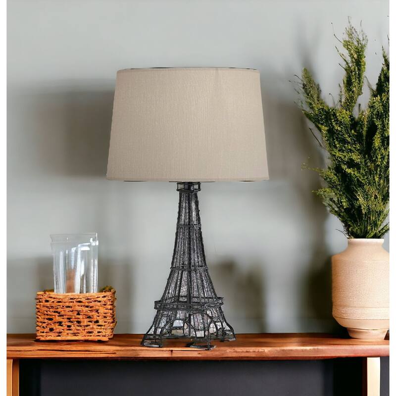 Black Acrylic Eiffel Tower Table Lamp with White Drum Shade and Rotary Switch - 15” x 15” x 25” (D x W x H)