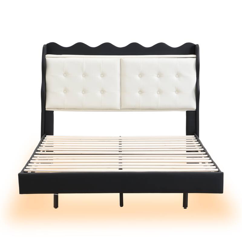 Full Upholstered Bed with LED Light Strips, USB Charging, and Storage Shelves
