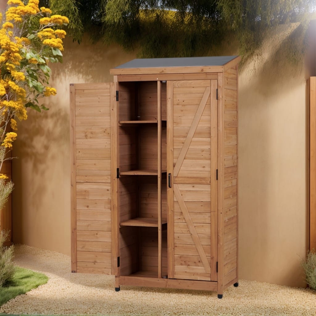 Outdoor Wooden Storage Shed with Waterproof Roof, Removable Shelves, Outside Tool Cabinet for Patio, Garden