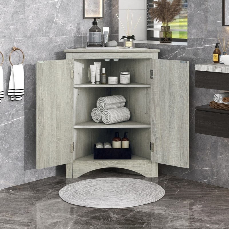 Corner Triangle Bathroom Storage Cabinet with Adjustable Shelves, Freestanding Floor Cabinet, Accent Cabinet for Living Room