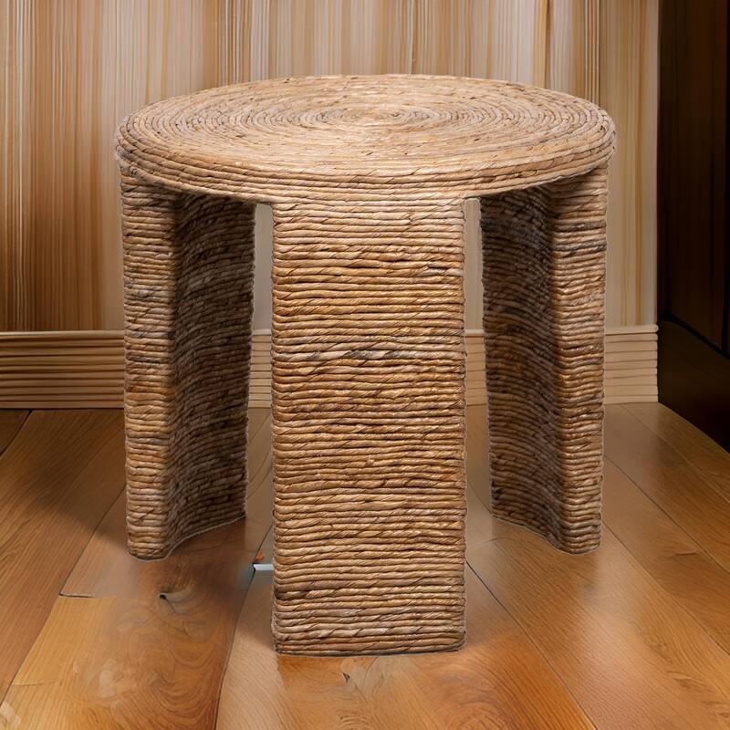 Asha 22 Inch Side End Table, Round Shaped Top with Natural Rattan Wrapping