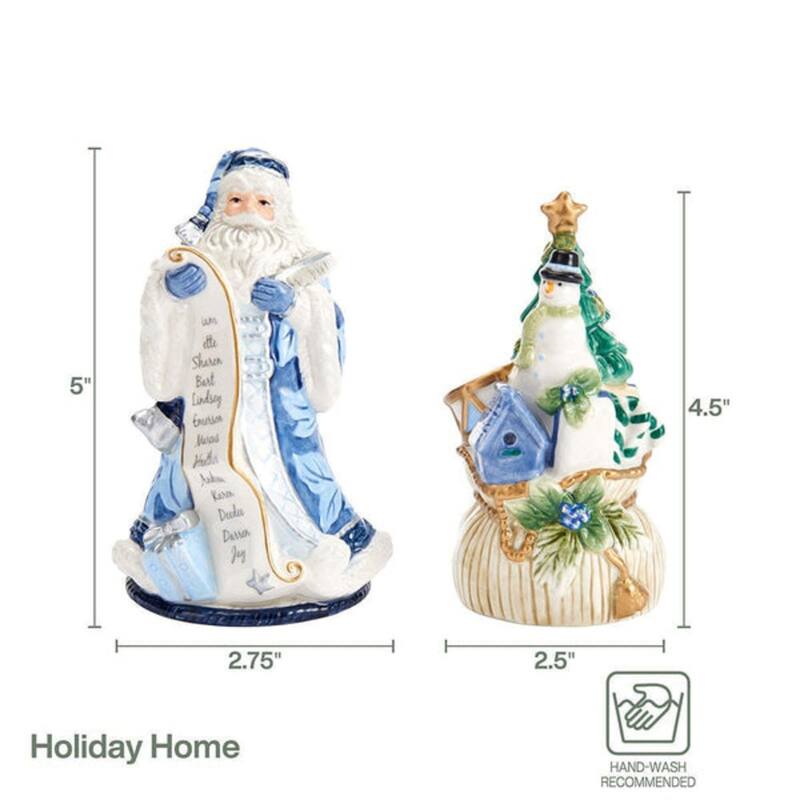 Fitz and Floyd Holiday Home Santa Salt and Pepper Set - Salt Shaker 2.75" by 5", Pepper Shake 2.5" by 4.5"