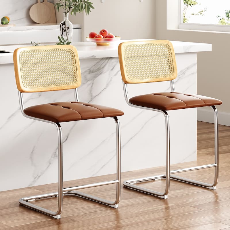 Counter Height Bar Stools Set of 2, Upholstered PU Leather Barstools with Rattan Back, 24 inch Stools Armless Bar Chairs