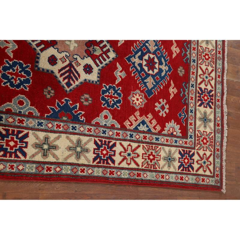Geometric Red Kazak Accent Rug Handmade Wool Carpet - 3'4" x 5'3"
