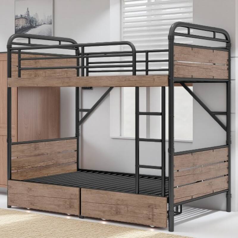 Twin XL Metal Bunk Bed with LED Lights, Power Outlet, 2 Drawers & Convertible Setup - Black