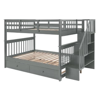 Bunk Bed with Trundle, Storage Staircase and Guardrail, Grey
