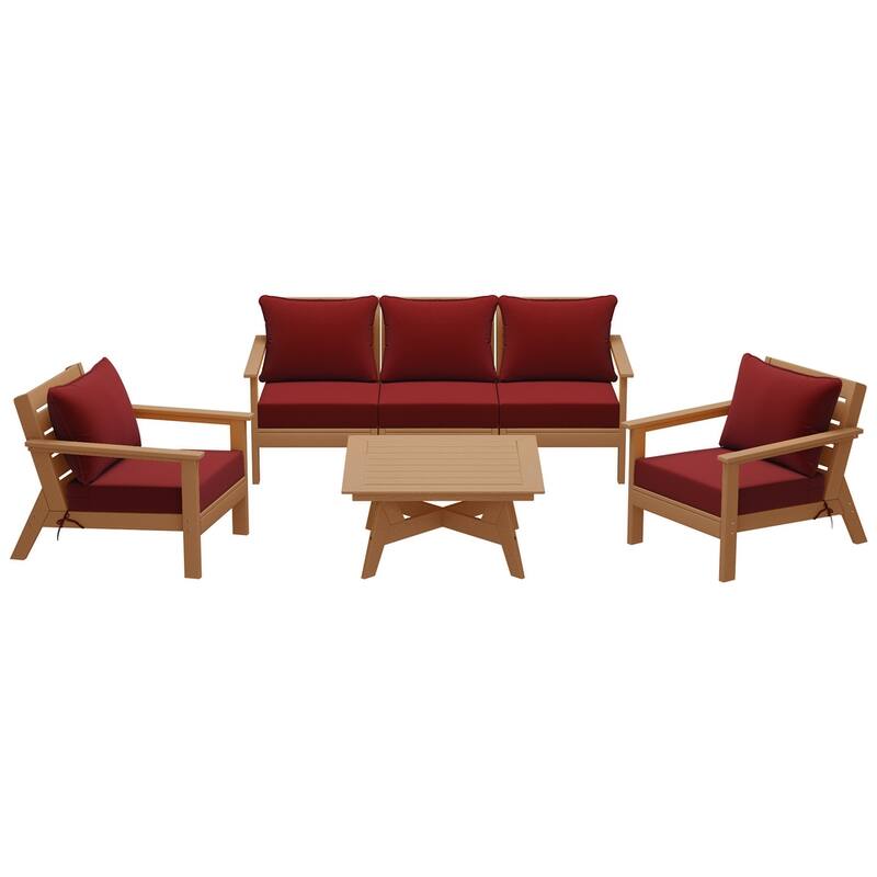 Birchwood All Weather HDPE Outdoor Patio Teak Deep Seating Conversation Set (6-Piece Set)