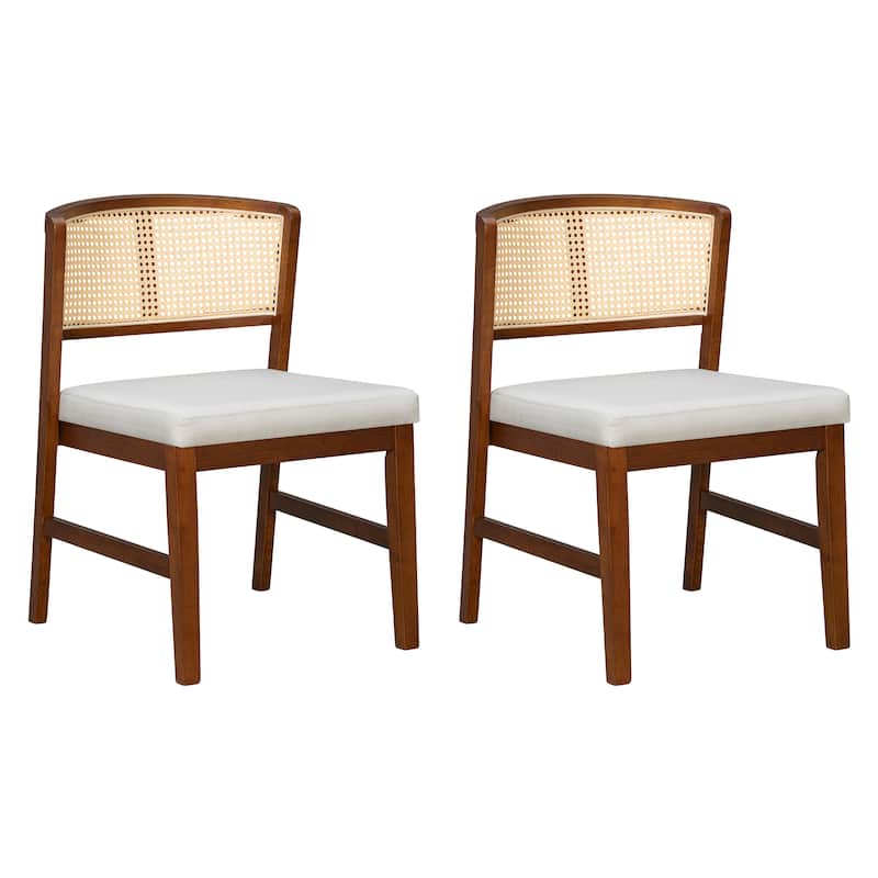 Rattan Dining Chairs Set of 2, Fabric Upholstered Kitchen Side Chair, Curved Rattan Back