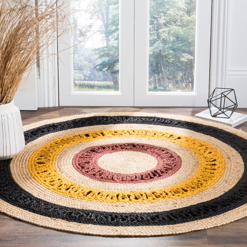 SAFAVIEH Handmade Natural Fiber Kinsley Jute Rug - 5' Round - Black/Natural