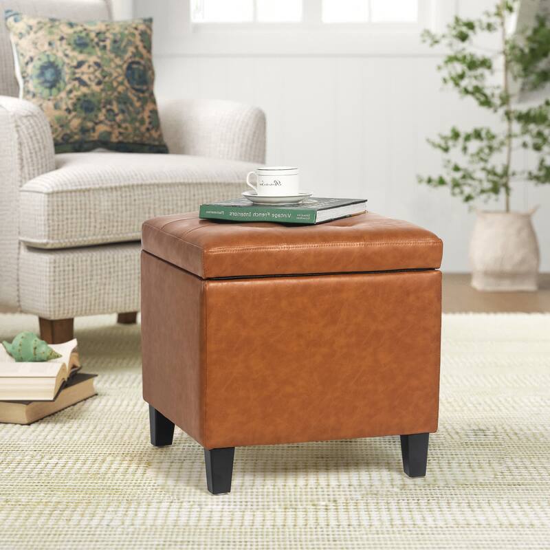 Adeco Bonded Leather Square Tufted Cubic Cube Storage Ottomans - Dark Orange