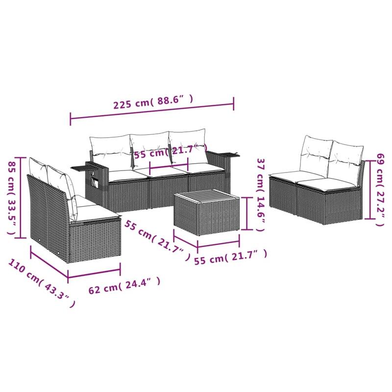 vidaXL Garden Sofa Set PE Rattan Large Adjustable Feet - 21.7 x 21.7 x 14.6 in (W x L x H)