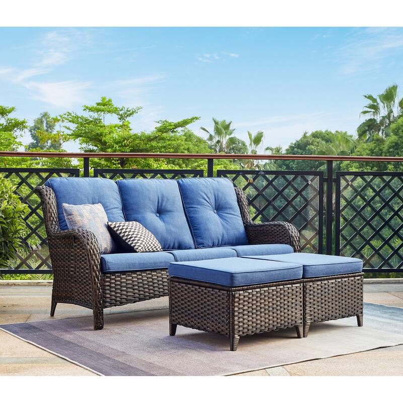 Gymojoy 3-Piece Outdoor Patio High-back Wicker Sectional Ottoman Set - Blue