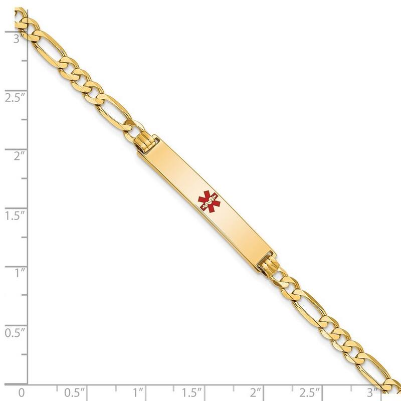Curata 14k Yellow Gold 6.3mm Engravable Medical Red Enamel Flat Figaro Link ID Bracelet
