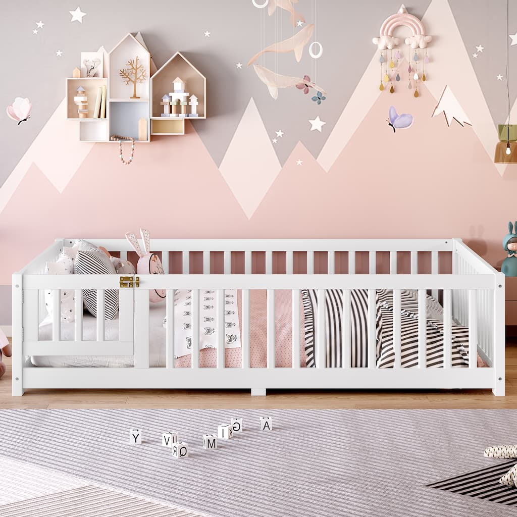 Full Size Bed Floor Bed w/ Safety Guardrails for Kids - White
