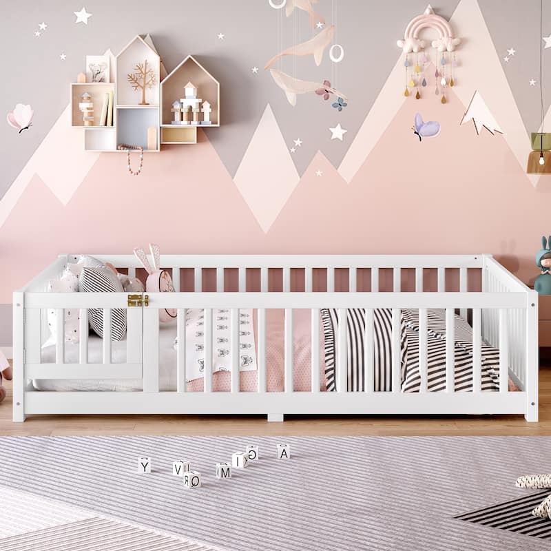 Full Size Bed Floor Bed with Safety Guardrails and Door for Kids - White