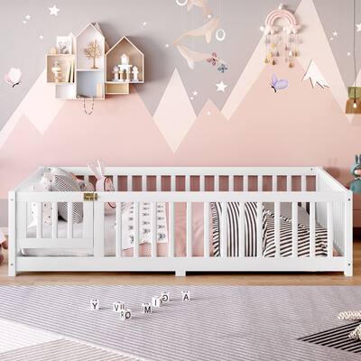Full Size Bed Floor Bed with Safety Guardrails and Door for Kids