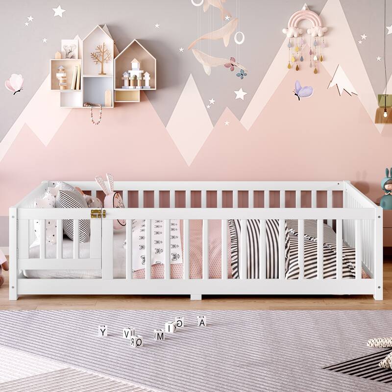 Wooden Floor Bed Frame with Safety Guardrail and Door, Kids Montessori Floor Beds, No Box Spring Needed