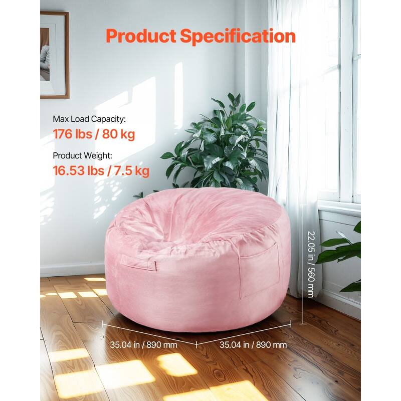 3 Ft Round Bean Bag Chair with Removable Velvet Cover and Memory Foam - 35.04 x 35.04 x 22.05 inches