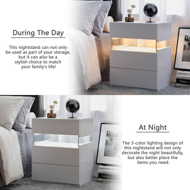 Nightstands with Acrylic Board LED, Bedside Furniture Storage Cabinet, 3 Drawer Side Table for Bedroom End Table - White