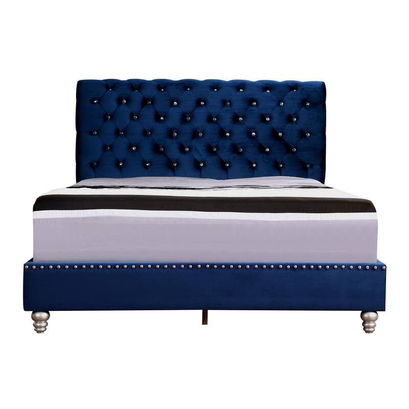 Transitional Navy Blue Upholstered Full Bed