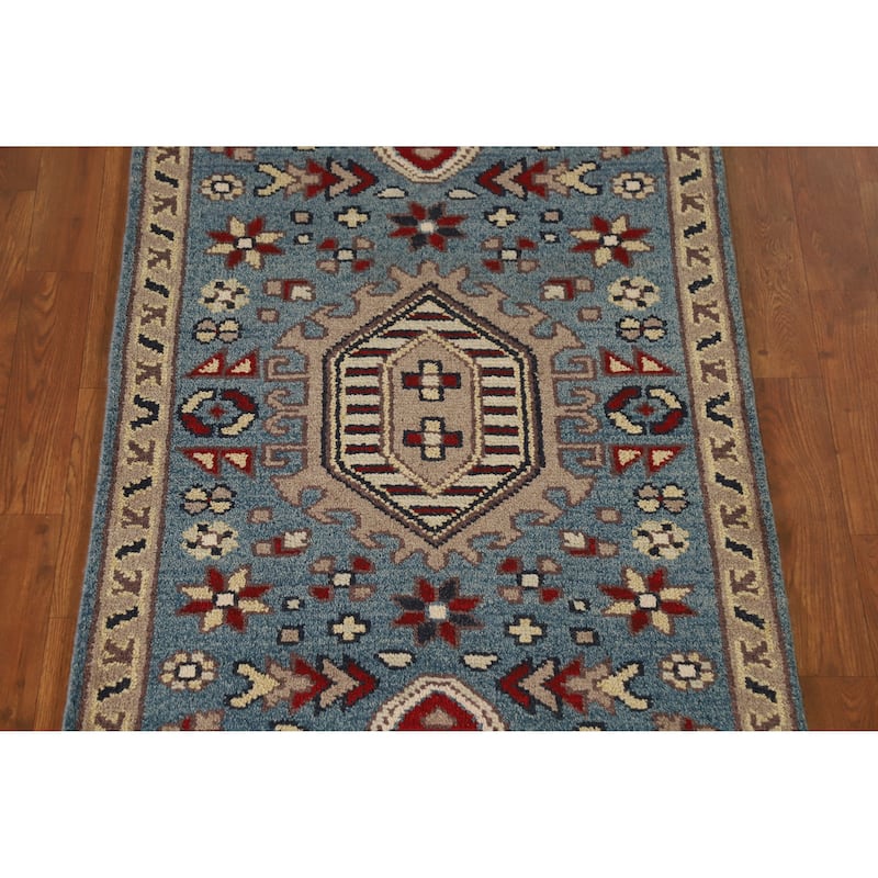 Light Blue Heriz Serapi Indian Runner Rug Hand-Knotted Wool Carpet - 2'7" x 7'11"