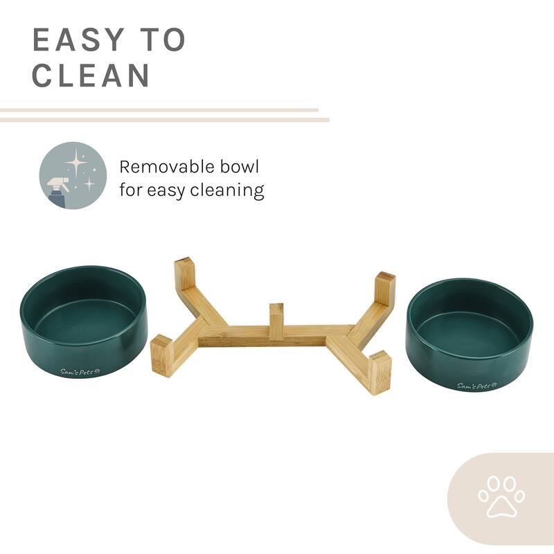 Coco Dual Pet Bowl with Wood Stand 5.11'' in Green - 10.8