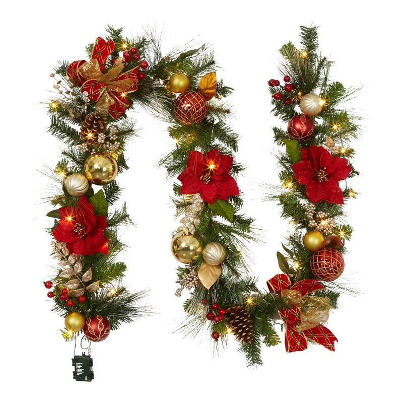 9 ft Pre-Lit Christmas Garland for Mantle Outdoor Fireplace Table Stair Railing Decoration, Red Gold - Red