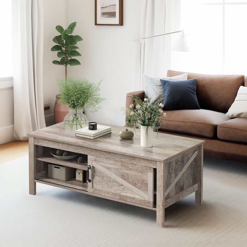 Moasis Farmhouse Rectangle 2-Tier Coffee Table with Adjustable Shelves & Sliding Barn Door