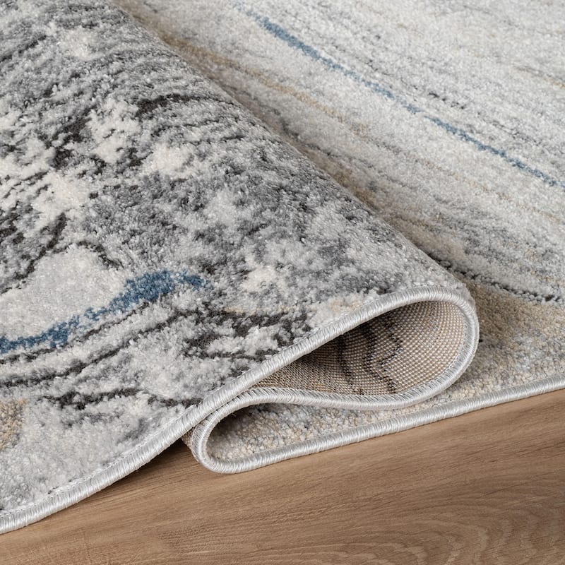 Marble Swirl Distressed Area Rug - Low-Pile Rug for Living Room, Bedroom - Polypropylene/Polyester with Jute Backing