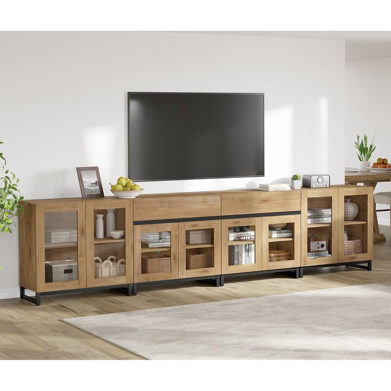 4-in-1 TV Stand for 120" TVs, Modern Console with Glass Doors & 2 Drawers - 126 inches - Oak