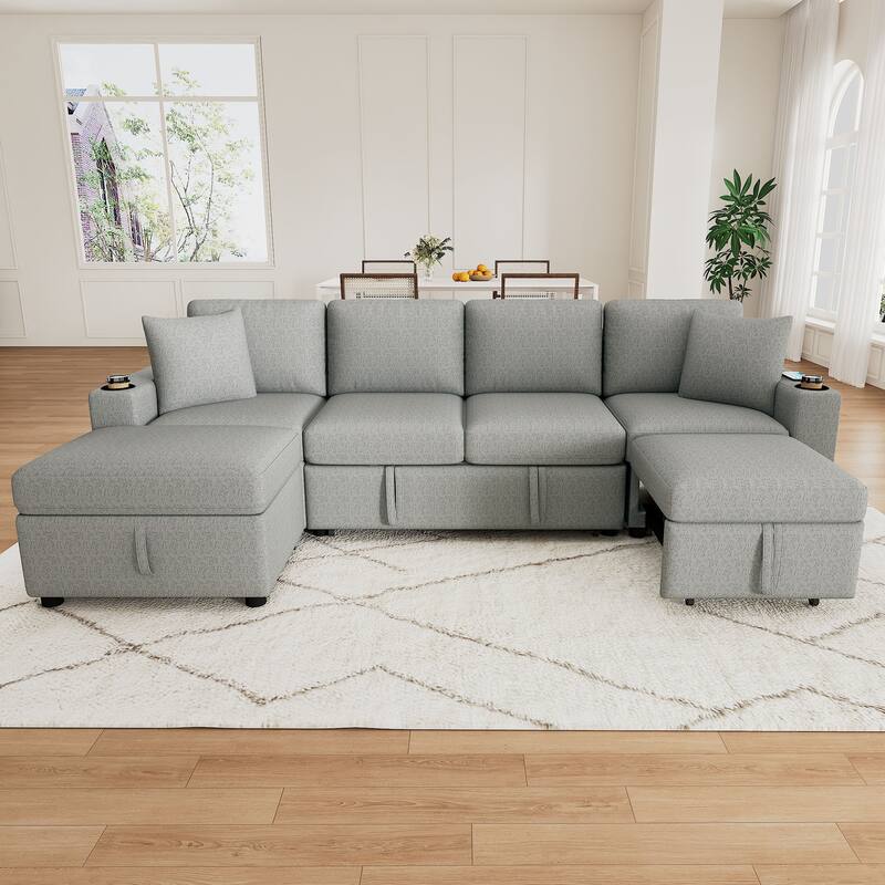 Convertible Sectional Sofa Set Pull-out Sofa Bed U-shaped Modular Couches with Movable Storage Ottoman for Living Room