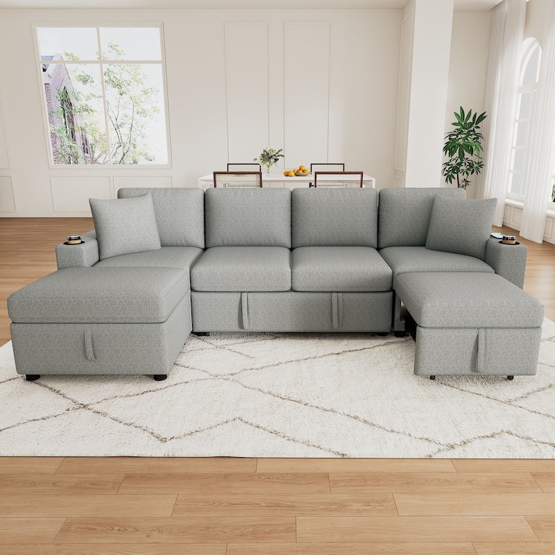 Convertible Sectional Sofa with Pull-out Sofa Bed and Dual Cup Holders - Grey 5 Seat