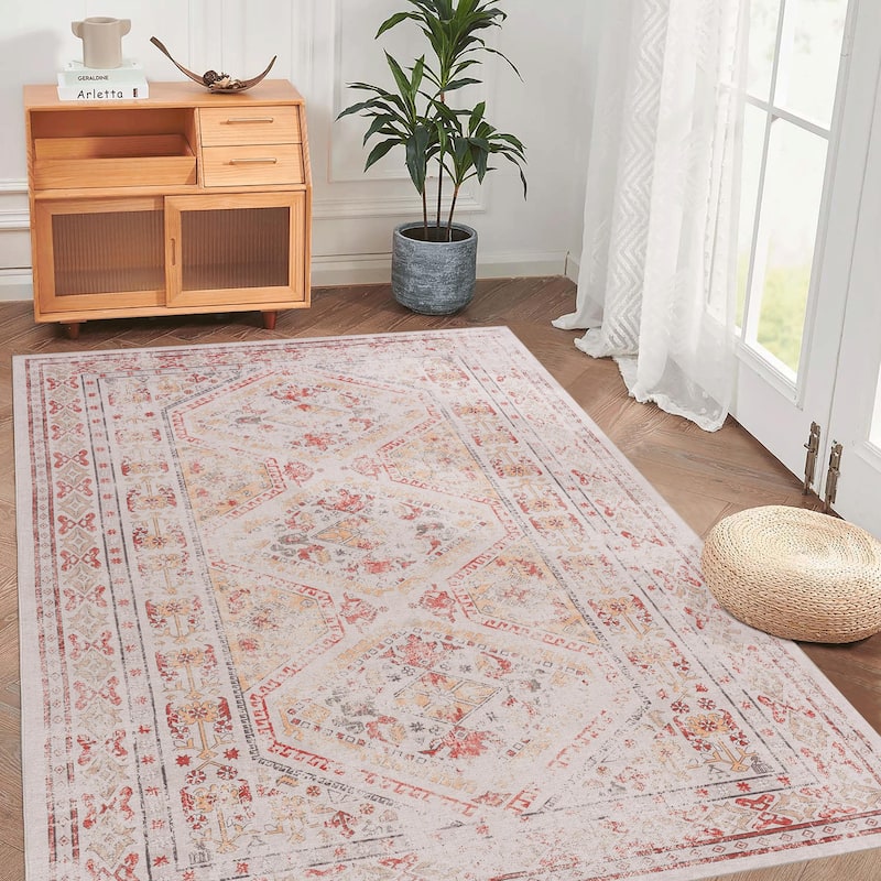 MAVAL Beige Washable Non-Shedding Area Rug