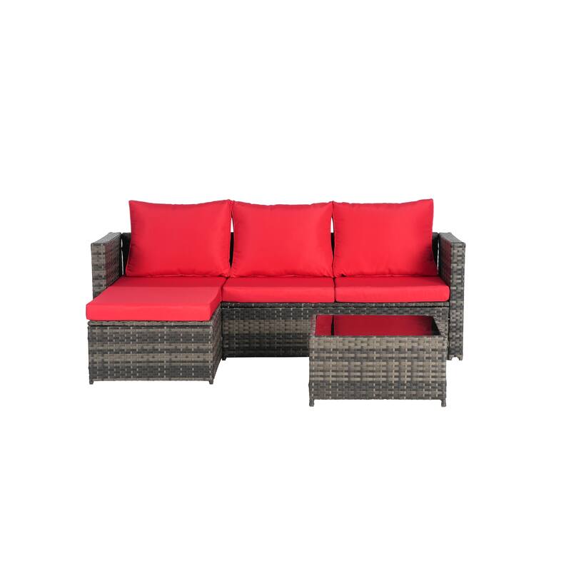 2-Pieces Outdoor Patio L-Shaped Sectional Sofa Set with Glass Coffee Table