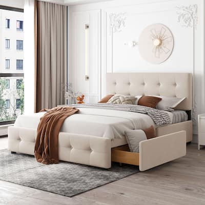 Upholstered Queen Platform Bed with Classic Headboard and 4 Drawers, Light Beige