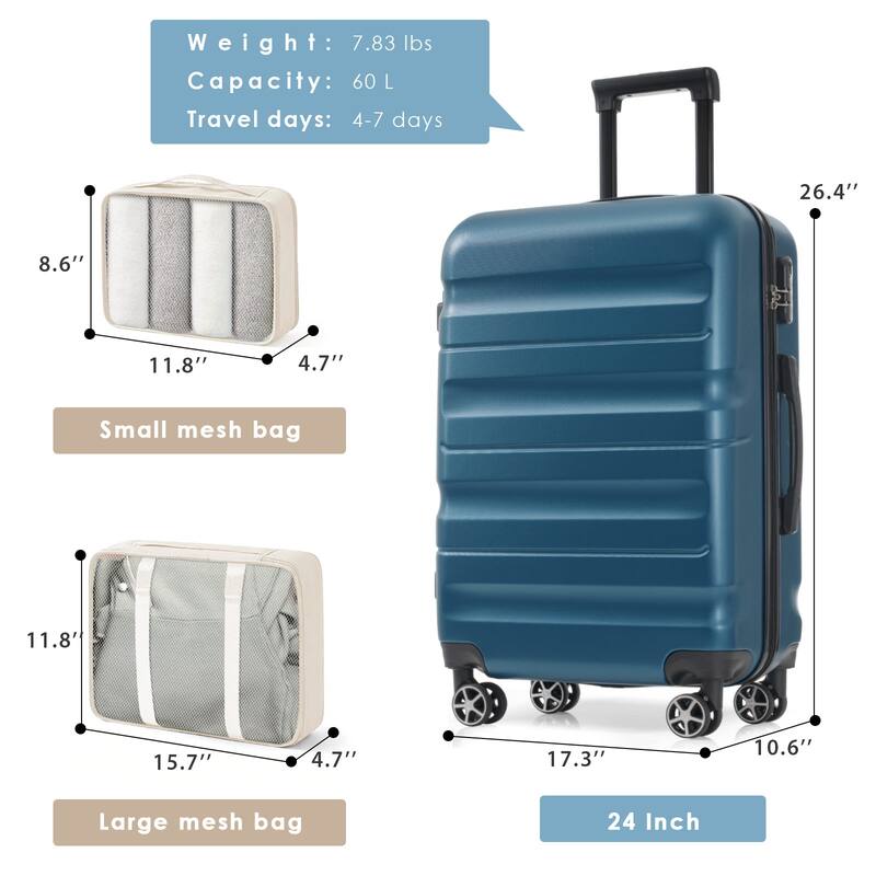 Hardshell ABS Luggage Set, 24-Inch Checked Suitcase with Spinner Wheels, Lightweight Travel Luggage with 2 Packing Cubes
