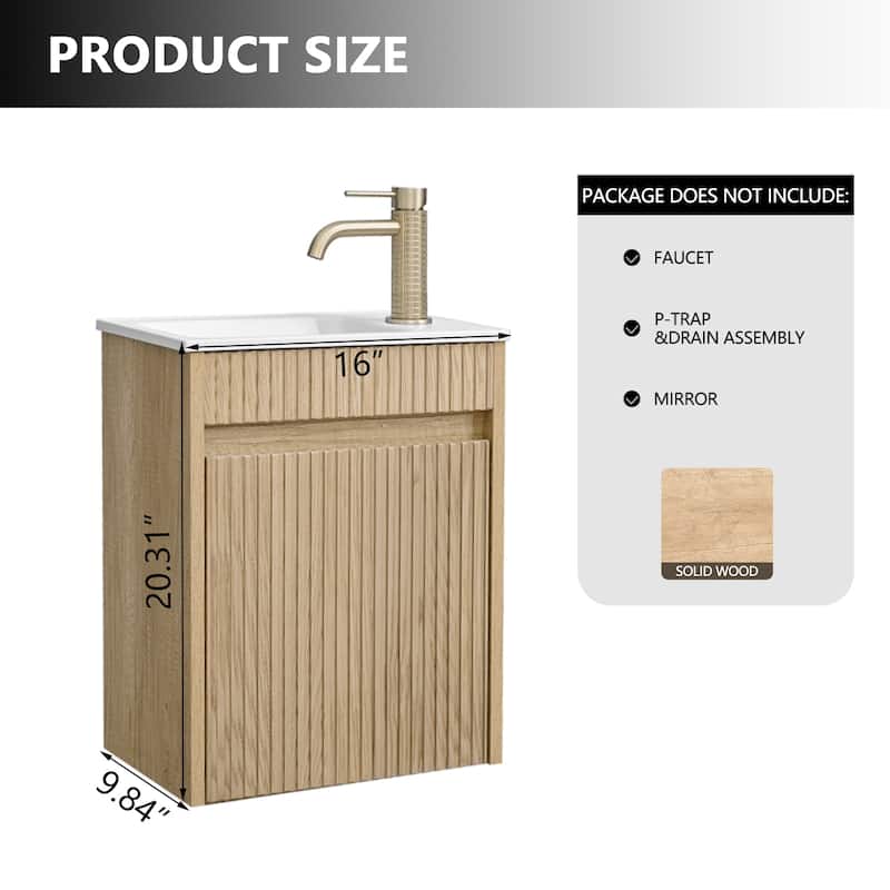 16" Floating Wall-Mounted Bathroom Vanity with White Intergrated Resin Sink Ample Storage Design