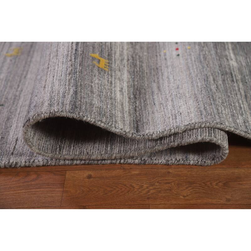 Striped Gabbeh Indian Area Rug Hand-Knotted Grey Wool Carpet - 9'0"x 11'8"
