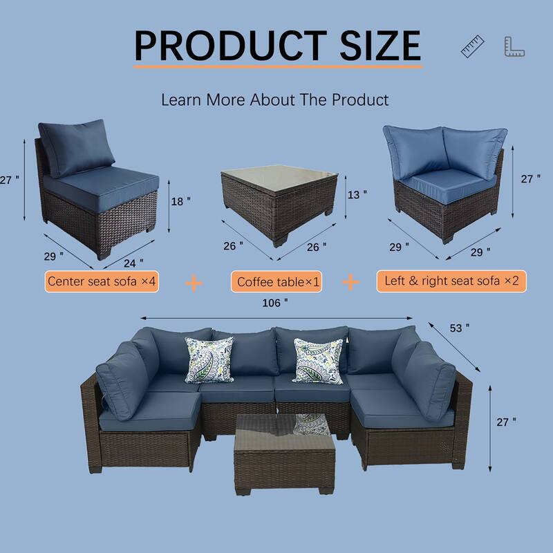 7-Piece Wicker Outdoor Sectional Set with Glass Table and Cushions