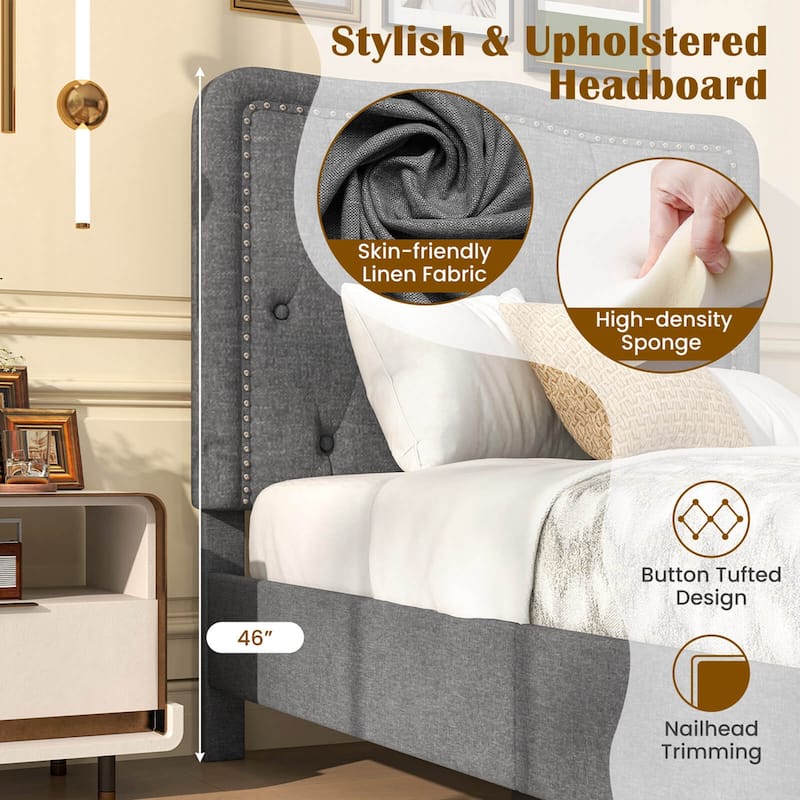 Twin Size Bed Frame Modern Linen Upholstered Platform Bed
