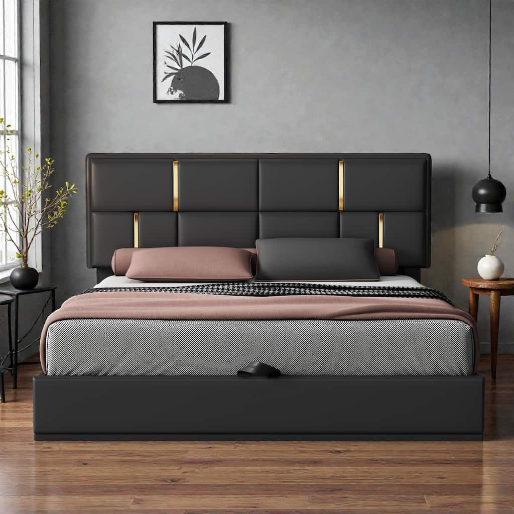 Queen Upholstered Platform Bed with Hydraulic Storage, Soft Fabric Headboard, No Box Spring Needed