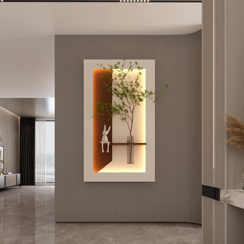 Adjustable 3-Color LED Sandstone Wall Decor with Simulated Green Plants, Glass Vase & Rabbit Statue, Remote Control Light Strips