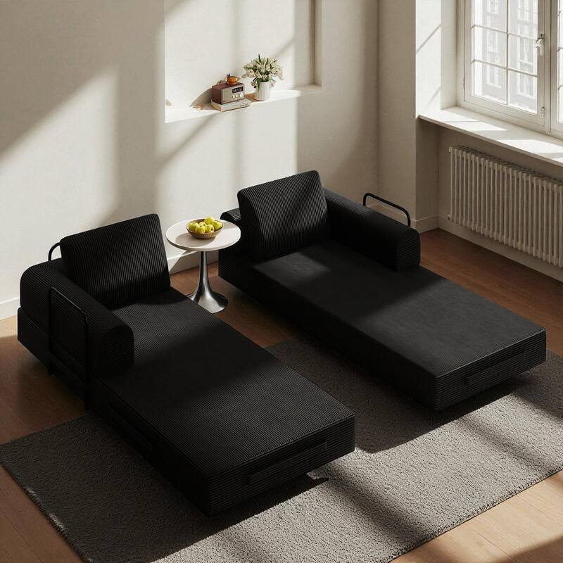 Convertible Corduroy Sleeper Sofa Bed, 3-Seat Folding Floor Couch with Cylindrical Pillow & Fixed-Shape Frame