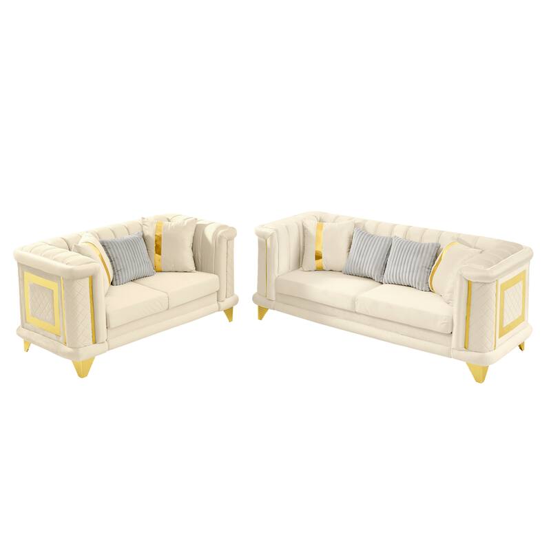 2PCS Velvet Sofa Set with Gold Trims and Embroidered Texture, Mid Century Modern Victorian Couch for Living Room, Beige