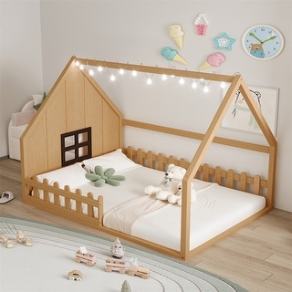 Full Size House Bed with LED Light and Roof Frame, Solid Wood Floor Montessori Bed with Window and Fence Design