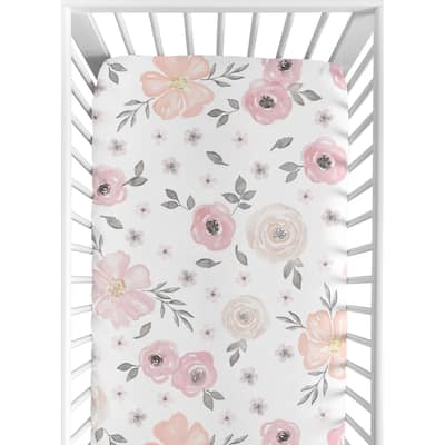 Sweet Jojo Designs Blush Pink, Grey and White Watercolor Floral Collection Fitted Crib Sheet
