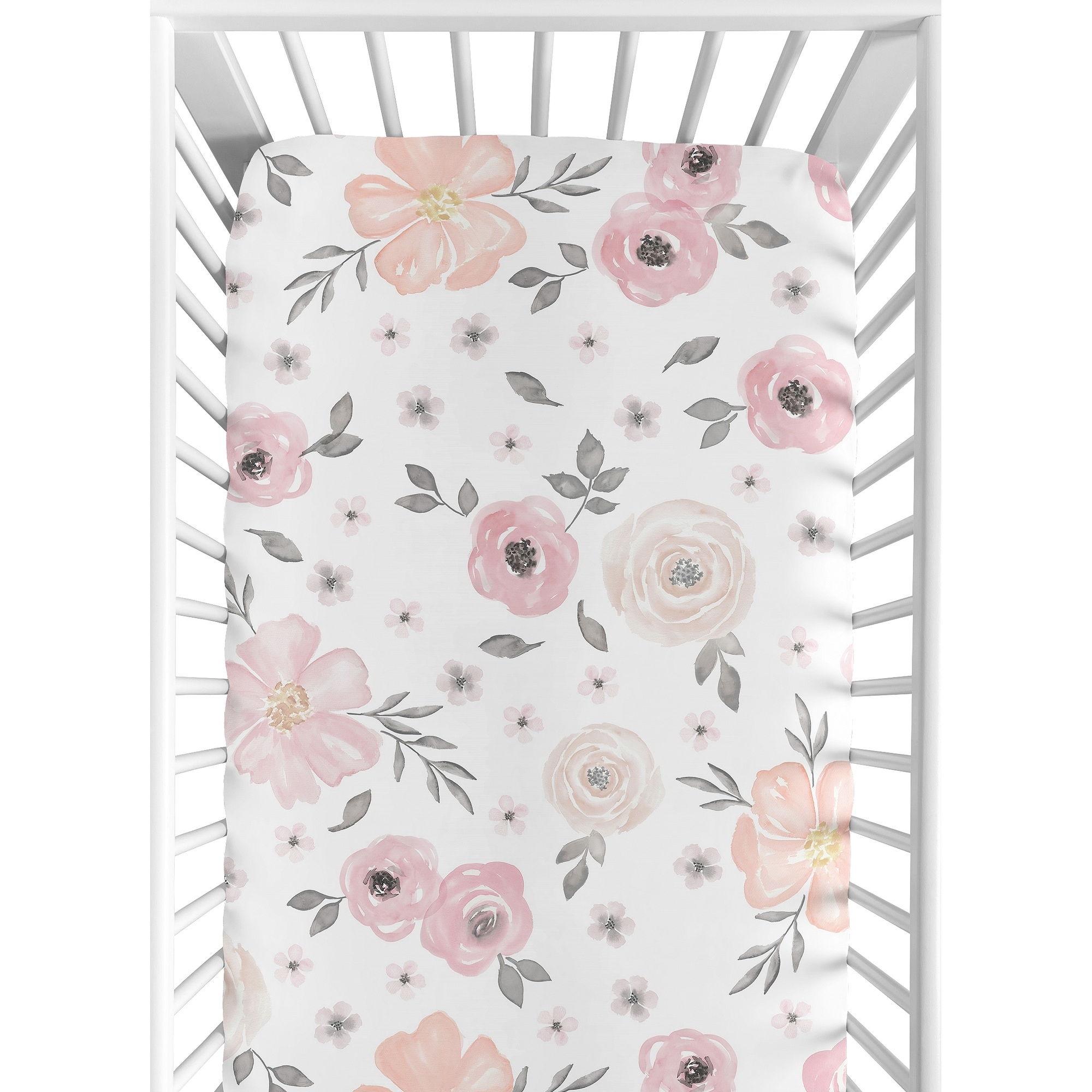 Watercolor Floral Collection Girl Cotton Fitted Crib Sheet - Blush Pink, Grey and White Boho Shabby Chic Rose Flower 100% Cotton