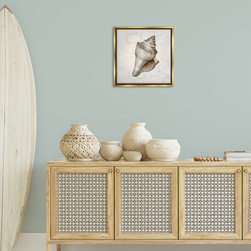 Stupell Conch Shell over Vintage Map Framed Floater Canvas Wall Art Design By Conrad Knutsen