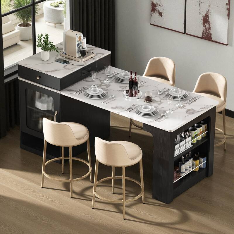 59.5" Kitchen Island with Extendable Table, Double-Sided Storage, Power Outlet, Drawers and Shelves - Black