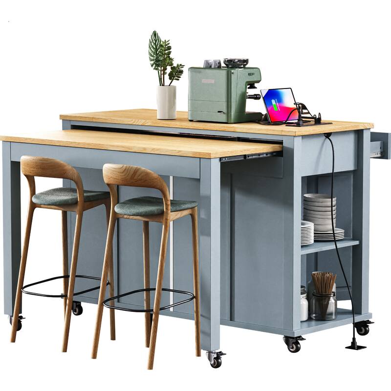 47 Inch Kitchen Island with Extendable Dining Table, Internal Storage Rack, Power Outlet, Rolling Kitchen Cart on Wheels
